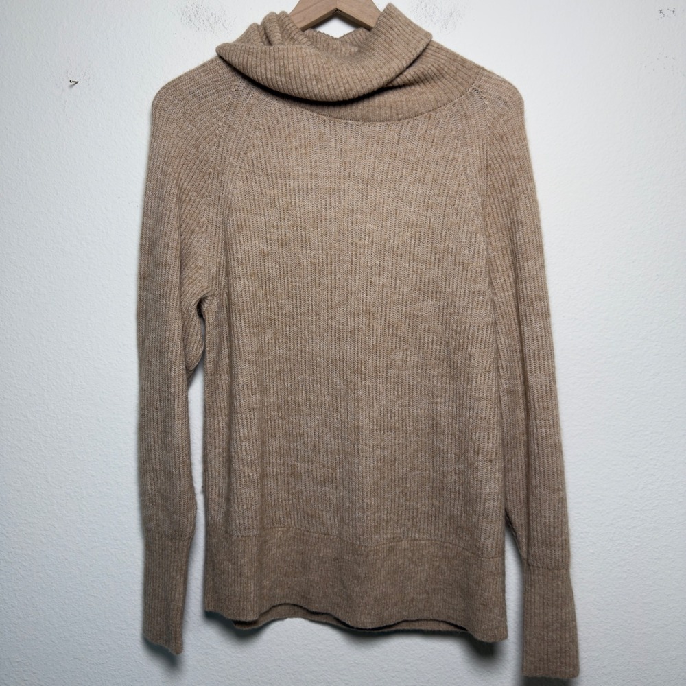Quince Women Merino Wool Alpaca Sweater Large Tan‎ Ribbed Cowl Neck Raglan L